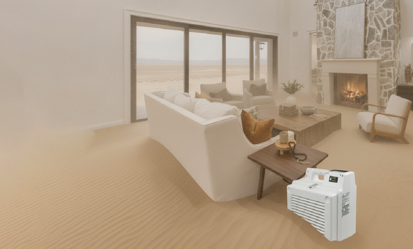 An air scrubber in a living room so dry that it looks like a desert