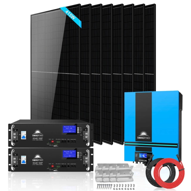 OFF GRID SOLAR SYSTEM 6500W 48VDC 120VAC LIFEPO4 1024KWH LITHIUM BATTERY 8 X 415W SOLAR PANELS SGR6510E primary product showcase highlighting key features and benefits for professional emergency preparedness applications