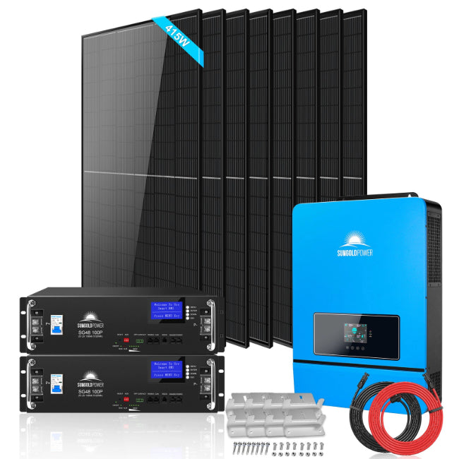 OFF GRID SOLAR SYSTEM 8000W 48VDC 120V240V LIFEPO4 1024KWH LITHIUM BATTERY 8 X 415 WATTS SOLAR PANELS SGR8K10E primary product showcase highlighting key features and benefits for professional emergency preparedness applications
