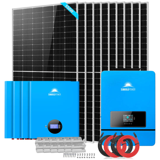 OFF GRID SOLAR SYSTEM 10000W 48VDC 120V/240V LIFEPO4 20.48KWH LITHIUM BATTERY 12 X 450 WATTS SOLAR PANELS SGR-10K2M