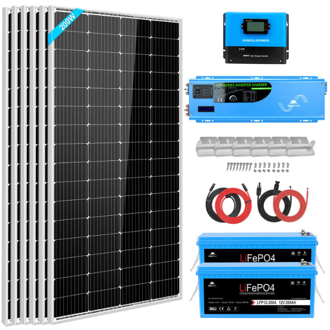 Sungold Power OFF GRID SOLAR SYSTEM with 4000W INVERTER 12VDC 120V/240V LIFEPO4 BATTERY 1200 WATT SOLAR BACK UP SGK-PR4S