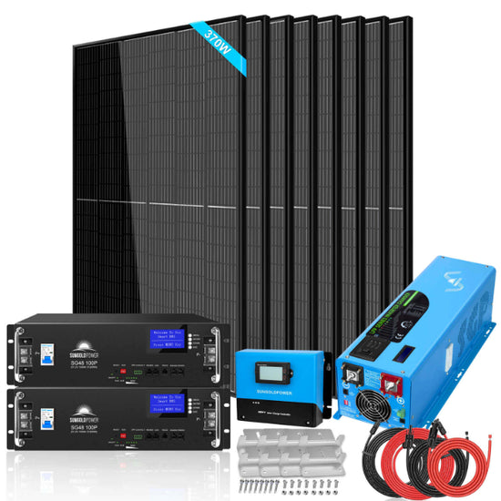 OFF GRID SOLAR SYSTEM 6000W 48VDC 120V/240V LIFEPO4 10.48KWH SERVER RACK LITHIUM BATTERY 8 X 370 WATTS SOLAR PANELS SGR-6KL48C