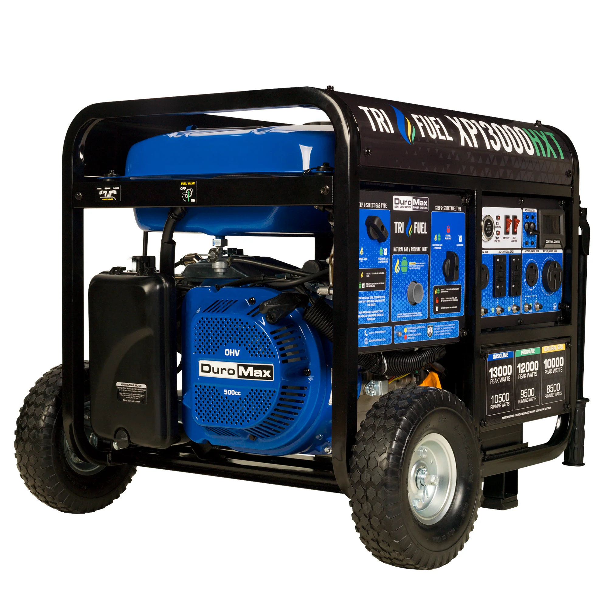 DuroMax XP13000HXT 13000 Watt Tri Fuel Portable HXT Generator w CO Alert primary product showcase highlighting key features and benefits for mobile emergency power generation