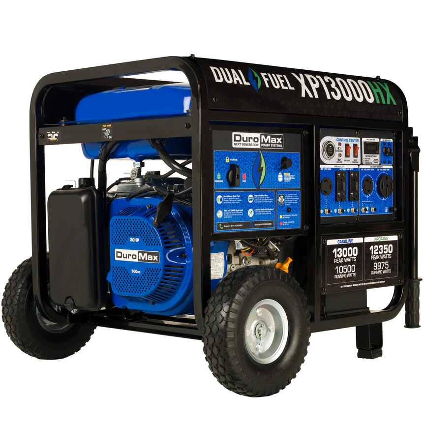 DuroMax XP13000HX 13000 Watt Dual Fuel Portable HX Generator w CO Alert primary product showcase highlighting key features and benefits for mobile emergency power generation