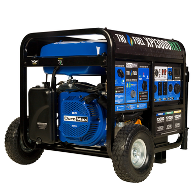 DuroMax XP13000HXT 13000 Watt Tri Fuel Portable HXT Generator w CO Alert primary product showcase highlighting key features and benefits for mobile emergency power generation