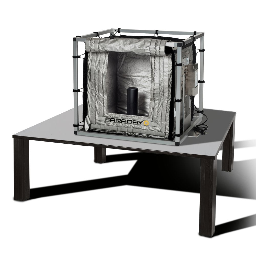 Large Faraday Tabletop Enclosure 4 x 4 x 4 technical component view with connection specifications for electromagnetic pulse protection and security