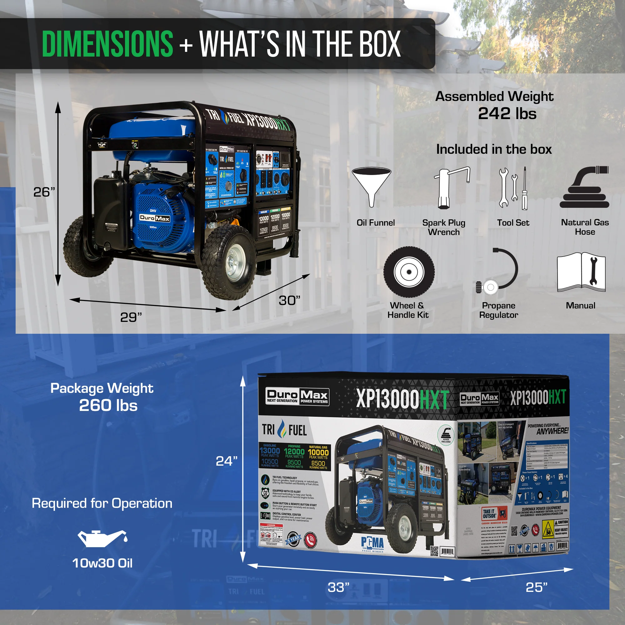 DuroMax XP13000HXT 13000 Watt Tri Fuel Portable HXT Generator w CO Alert supplementary technical documentation with detailed specifications for mobile emergency power generation