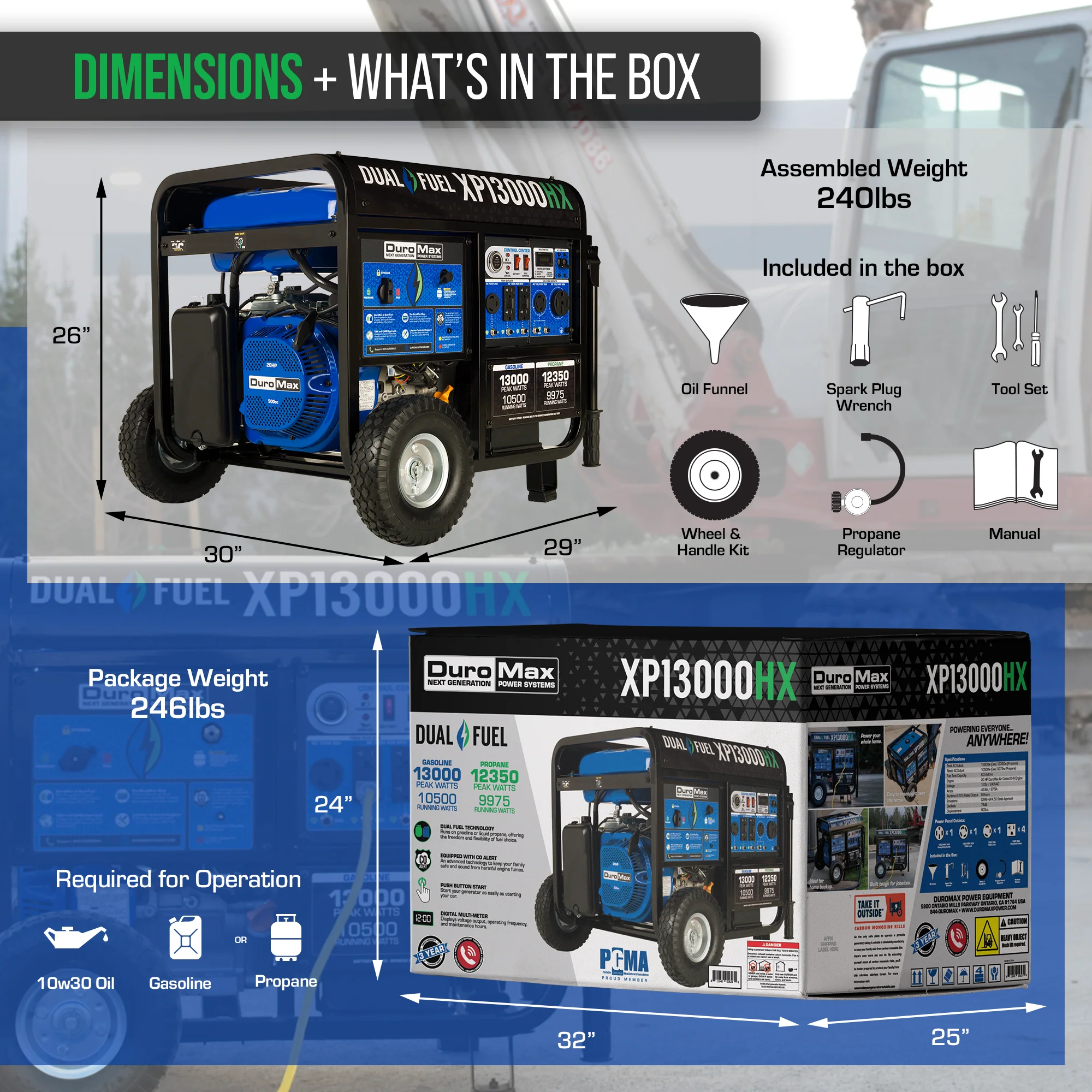 DuroMax XP13000HX 13000 Watt Dual Fuel Portable HX Generator w CO Alert supplementary technical documentation with detailed specifications for mobile emergency power generation