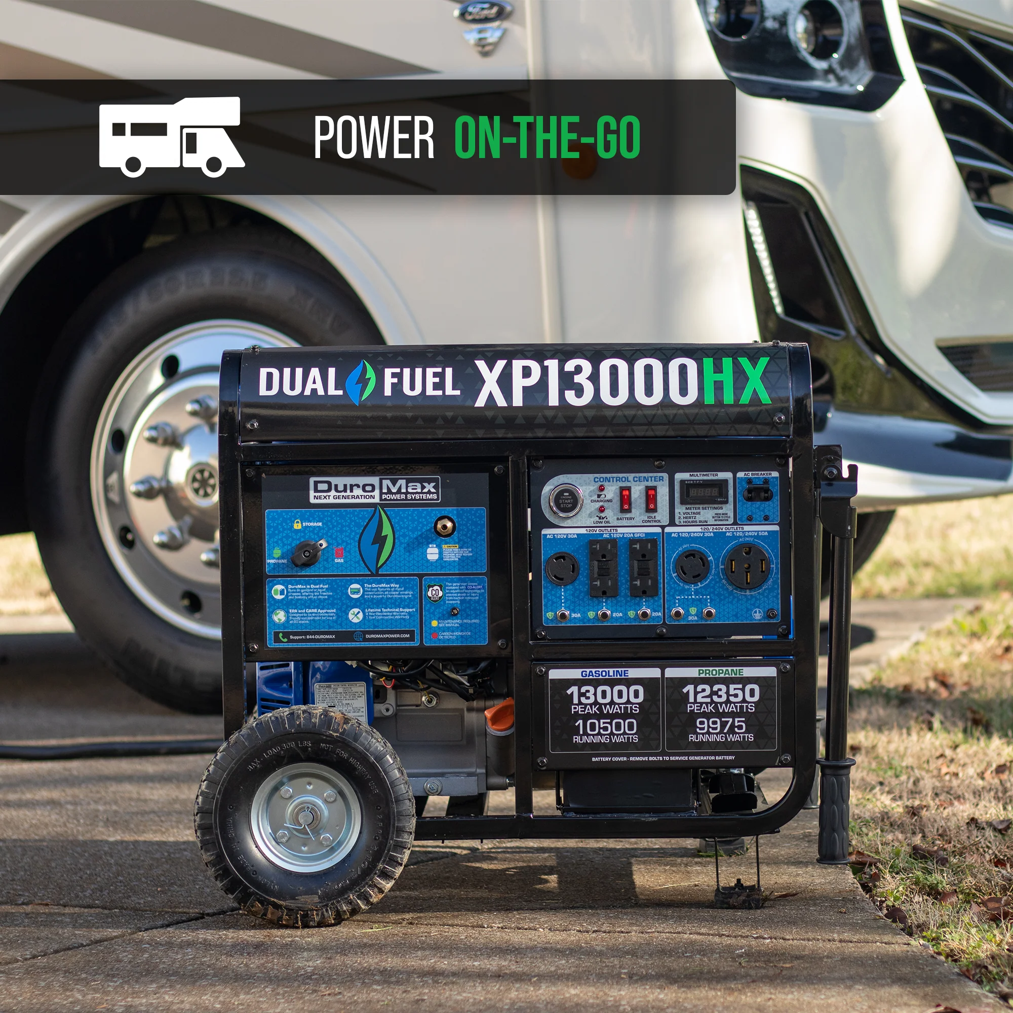 DuroMax XP13000HX 13000 Watt Dual Fuel Portable HX Generator w CO Alert supplementary technical documentation with detailed specifications for mobile emergency power generation