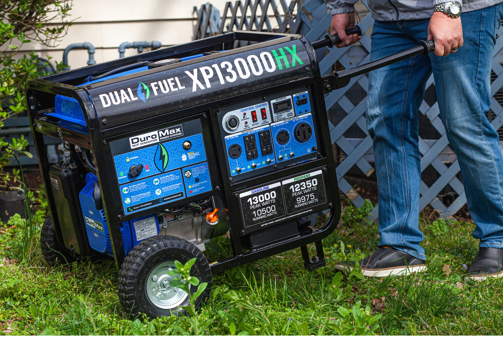 DuroMax XP13000HX 13000 Watt Dual Fuel Portable HX Generator w CO Alert detailed construction view demonstrating superior engineering for mobile emergency power generation