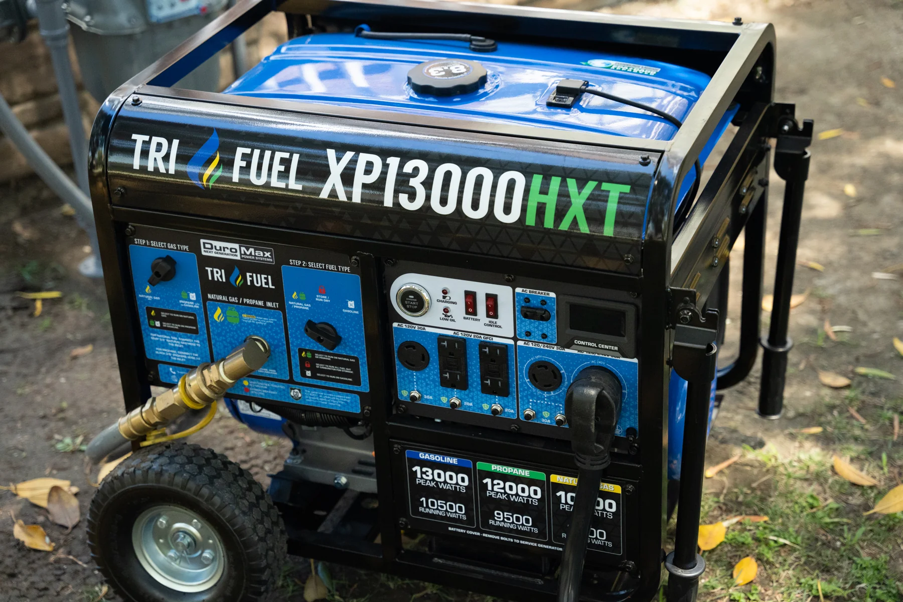 DuroMax XP13000HXT 13000 Watt Tri Fuel Portable HXT Generator w CO Alert technical component view with connection specifications for mobile emergency power generation