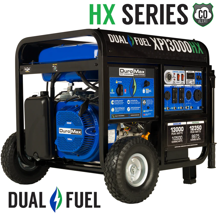 DuroMax XP13000HX 13000 Watt Dual Fuel Portable HX Generator w CO Alert operational configuration showing practical implementation for mobile emergency power generation