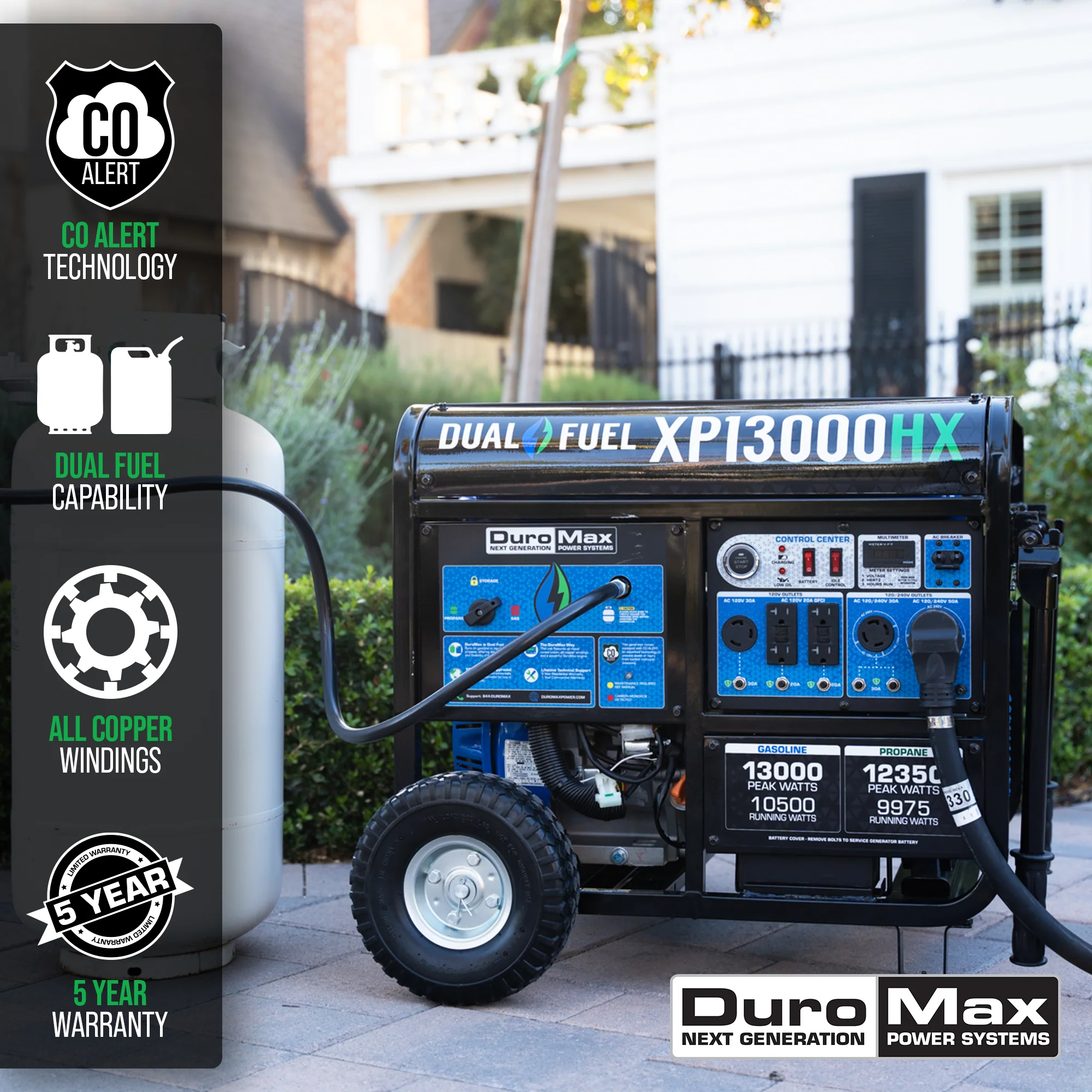 DuroMax XP13000HX 13000 Watt Dual Fuel Portable HX Generator w CO Alert technical component view with connection specifications for mobile emergency power generation