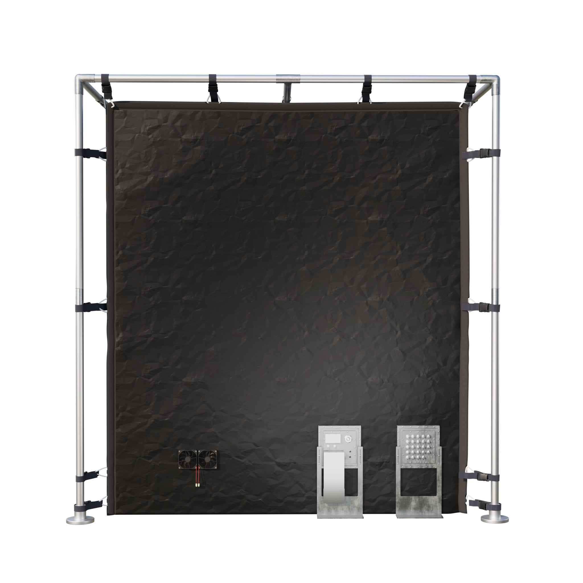 Large Faraday Tent LX Black RFEMI Shielding Enclosure Room 7 x 7 x 65 technical component view with connection specifications for electromagnetic pulse protection and security