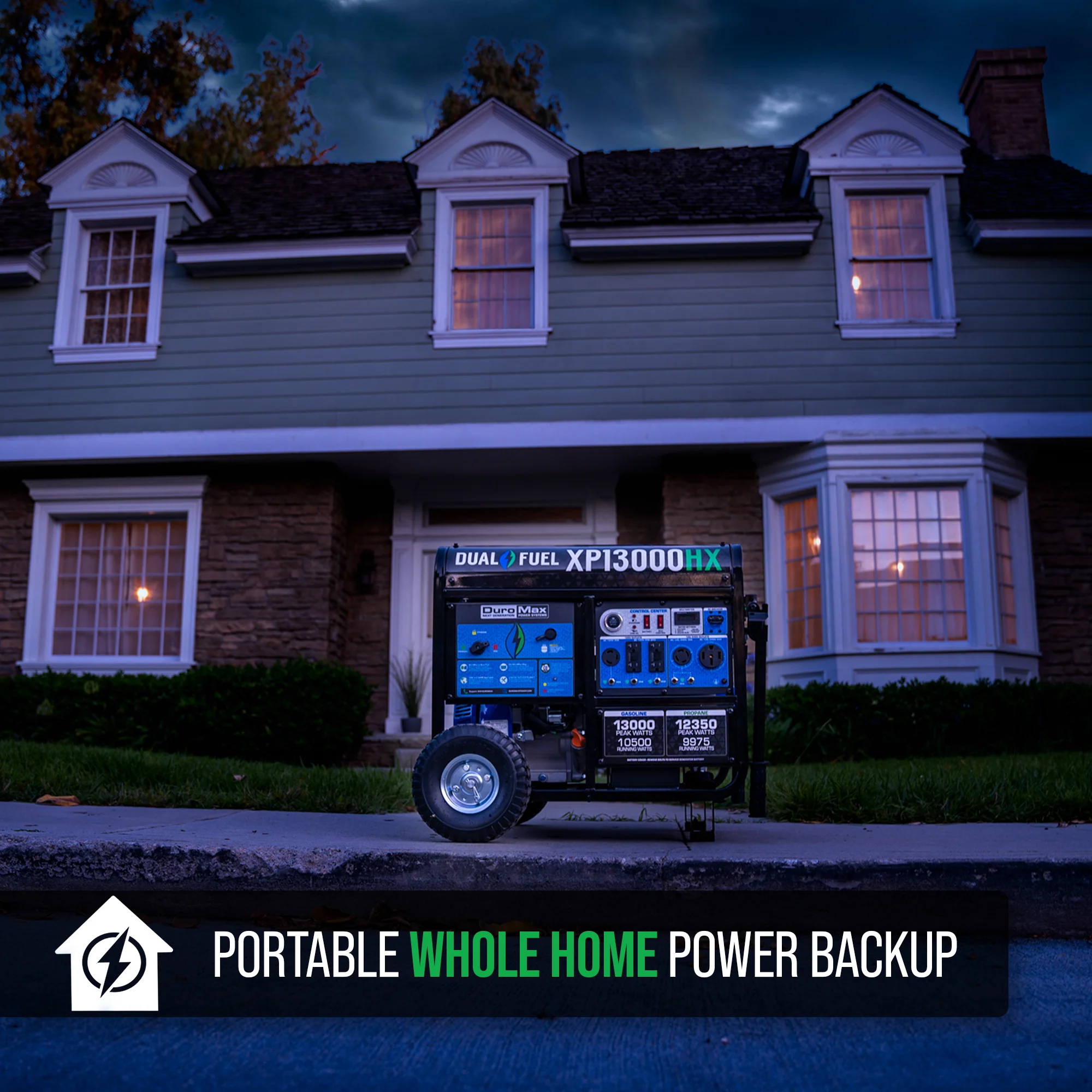 DuroMax XP13000HX 13000 Watt Dual Fuel Portable HX Generator w CO Alert alternative perspective showing versatile application options for mobile emergency power generation