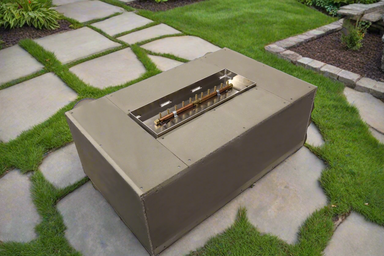 Unfinished Warming Trends 48"x30" Rectangular Ready to Finish Fire pit Kit with 110,000 BTU Linear CROSSFIRE® Burner outside