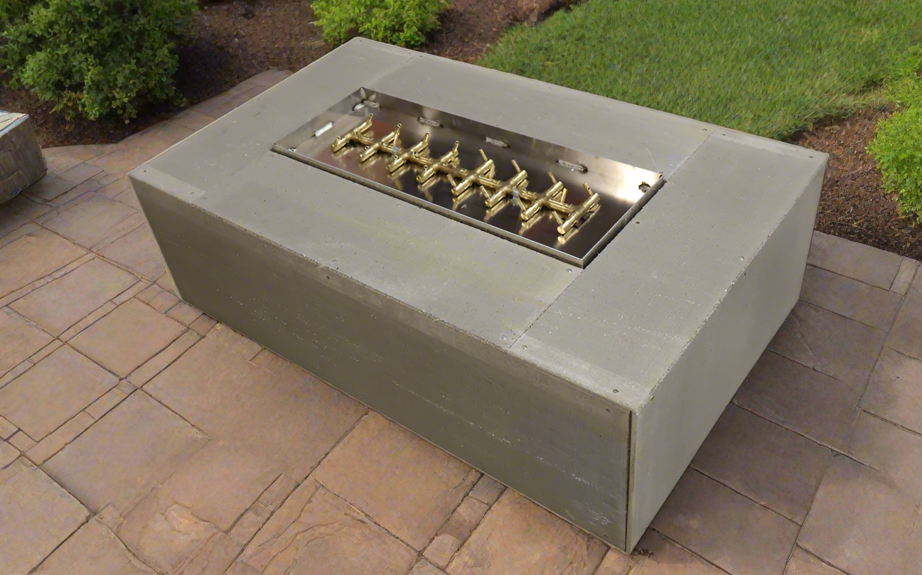 Unfinished Warming Trends 60"x36" Rectangular Ready to Finish Fire pit Kit 230,000 BTU Tree-Style CROSSFIRE® Burner outside