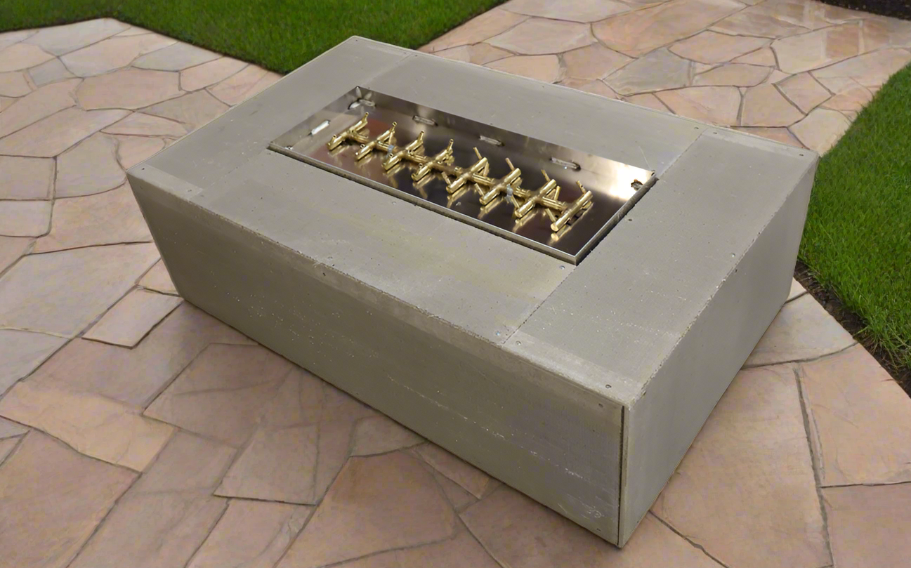 Unfinished Warming Trends 72"x42" Rectangular Ready to Finish Fire pit Kit 290,000 BTU Tree-Style CROSSFIRE® Burner outside
