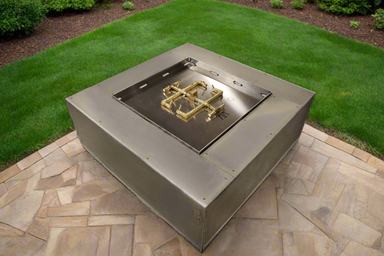 Unfinished Warming Trends 54"x54" Square Ready to Finish Fire pit Kit 290,000 BTU CROSSFIRE® Burner outside