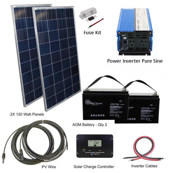 AIMS Power 240 Watt Solar with 600 Watt Inverter Backup - Off Grid Power Kit