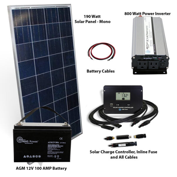 AIMS Power 190 Watt Solar with 800 Watt Inverter Kit - Off Grid Backup Solution