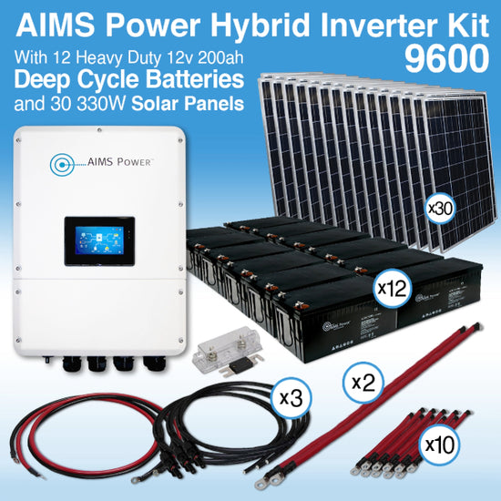 AIMS Power KIT Hybrid Inverter Charger, Battery Bank & Solar Panels 9.6 kW Inverter Output | 200 Amp Stored Battery Power | 9900 Watt Solar Panels