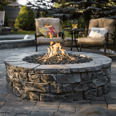 Finished Large Round Stone Age Firepit with 240K BTU Warming Trends Burner Kit and Push Button Ignition