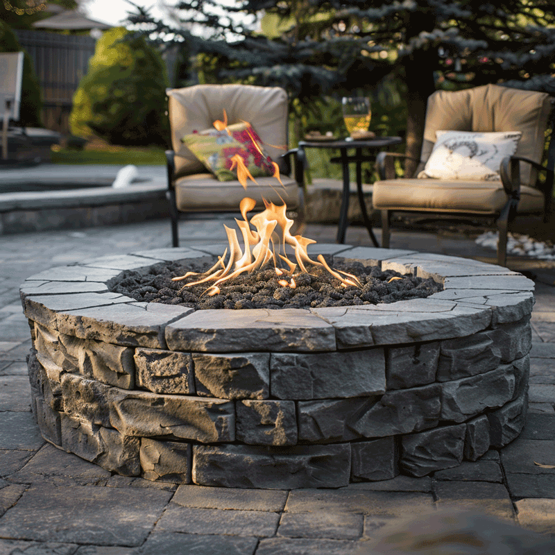 Finished Large Round Stone Age Firepit with 240K BTU Warming Trends Burner Kit and Push Button Ignition