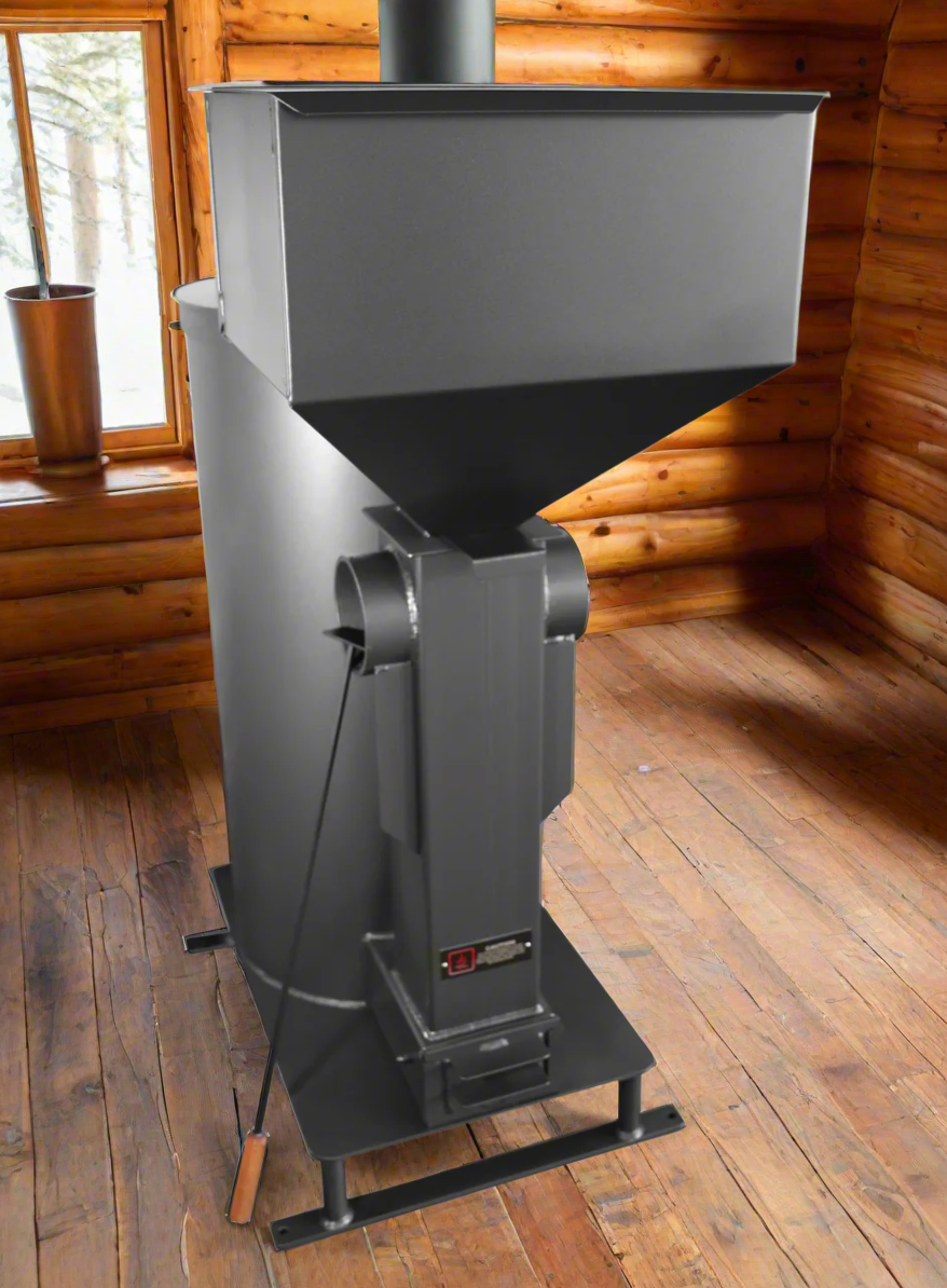 Liberator Rocket Heater Generation 2 Wood Burning or Pellet Stove with Pellet Hopper technical component view with connection specifications for efficient space heating and climate control