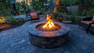 finished Warming Trends 54" External Diameter Circular Ready to Finish Fire Pit Kit 180,000 BTU CROSSFIRE® Burner in a well landscaped back yard