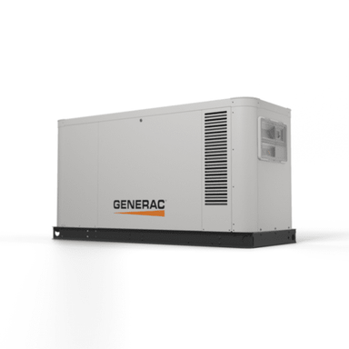 Side view of Generac 32kW generator with liquid-cooled housing and vents