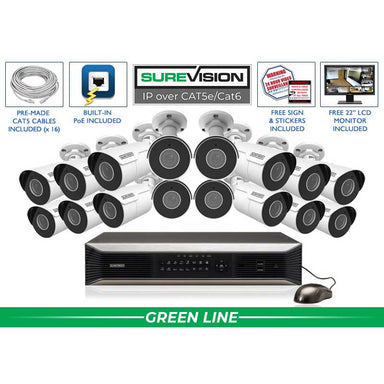 CCTV Security Pros SureVision NVR 16 4MP IP Bullet Camera Security System with Infrared Night Vision and Audio Recording primary product showcase highlighting essential features for professional emergency preparedness solutions