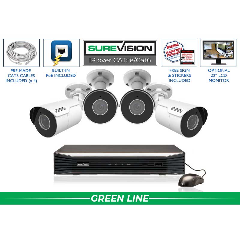 CCTV Security Pros SureVision NVR 4 4MP IP Bullet Camera Security System with Infrared Night Vision and Audio Recording technical component view with connection details for professional emergency preparedness solutions