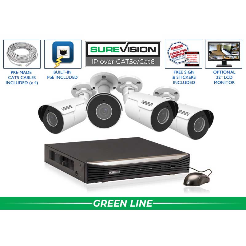 CCTV Security Pros SureVision NVR 4 4MP IP Bullet Camera Security System with Infrared Night Vision and Audio Recording primary product showcase highlighting essential features for professional emergency preparedness solutions