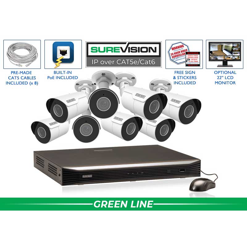 CCTV Security Pros SureVision NVR 8 4MP IP Bullet Camera Security System with Infrared Night Vision and Audio Recording primary product showcase highlighting essential features for professional emergency preparedness solutions