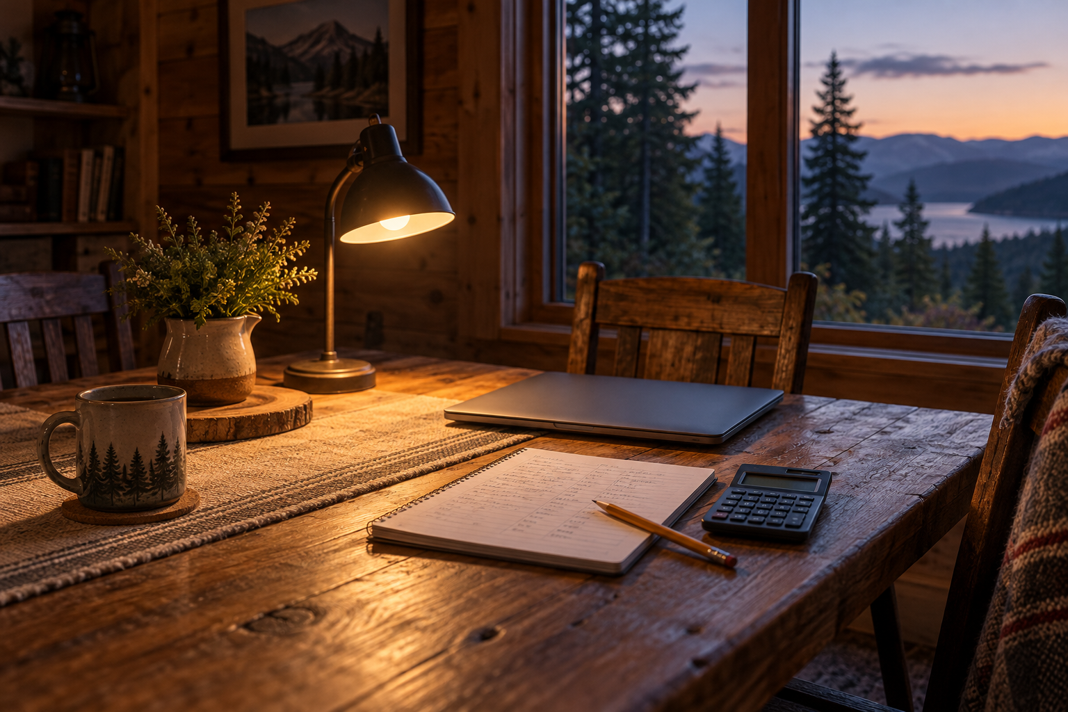 Notebook and calculator on a cabin table beside a lamp and closed laptop at dusk