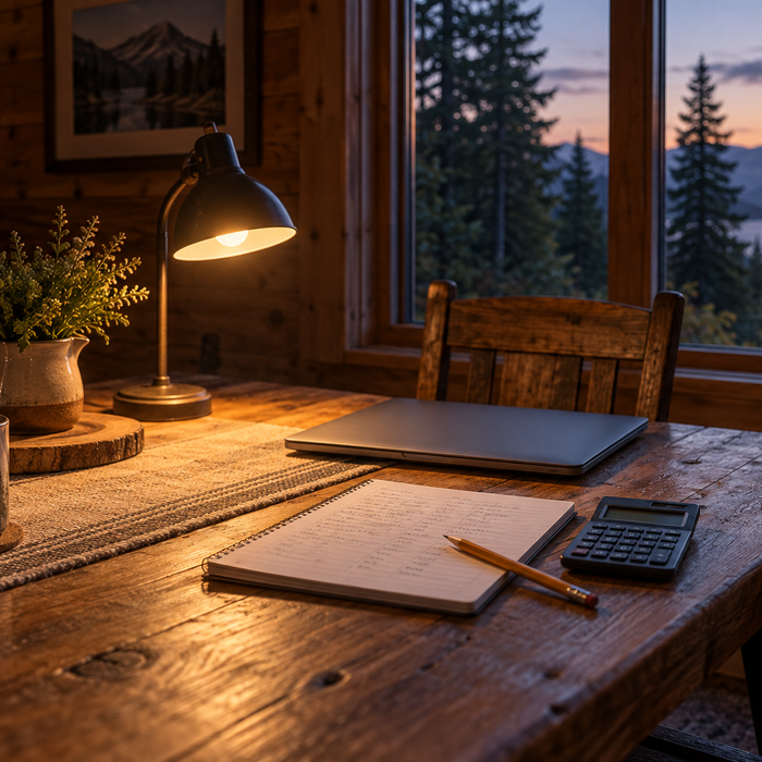 Notebook and calculator on a cabin table beside a lamp and closed laptop at dusk