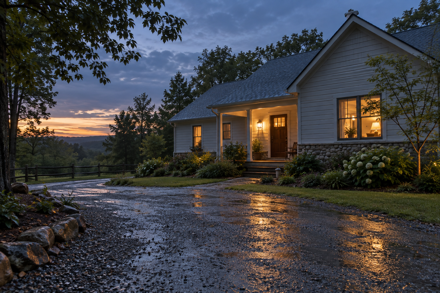 Modest rural home with warm window and porch lights at dusk after rain.