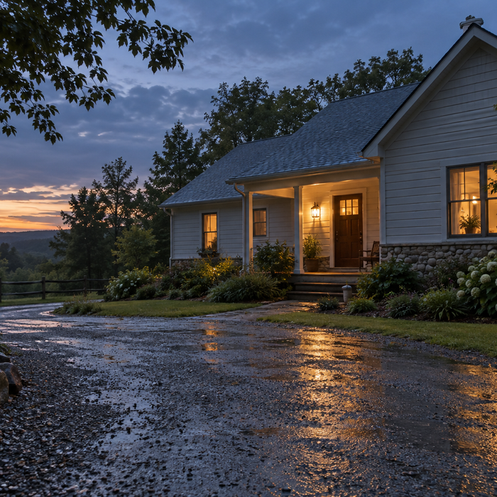 Modest rural home with warm window and porch lights at dusk after rain.