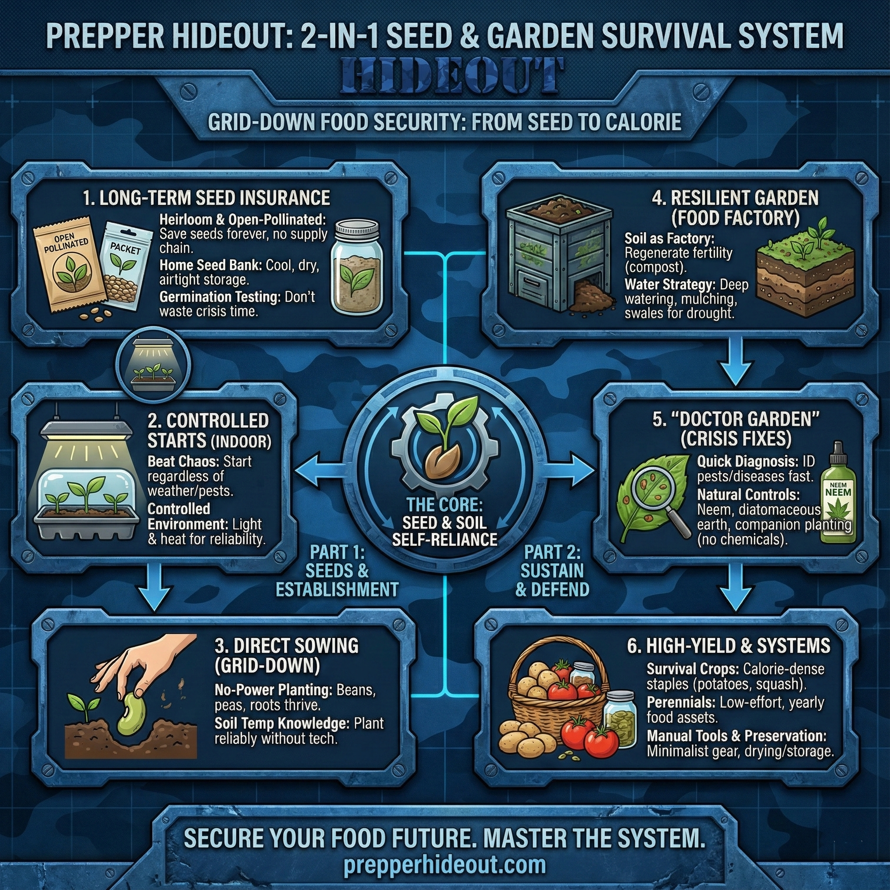 Infographic outlining grid-down food security seed and garden system for preppers.