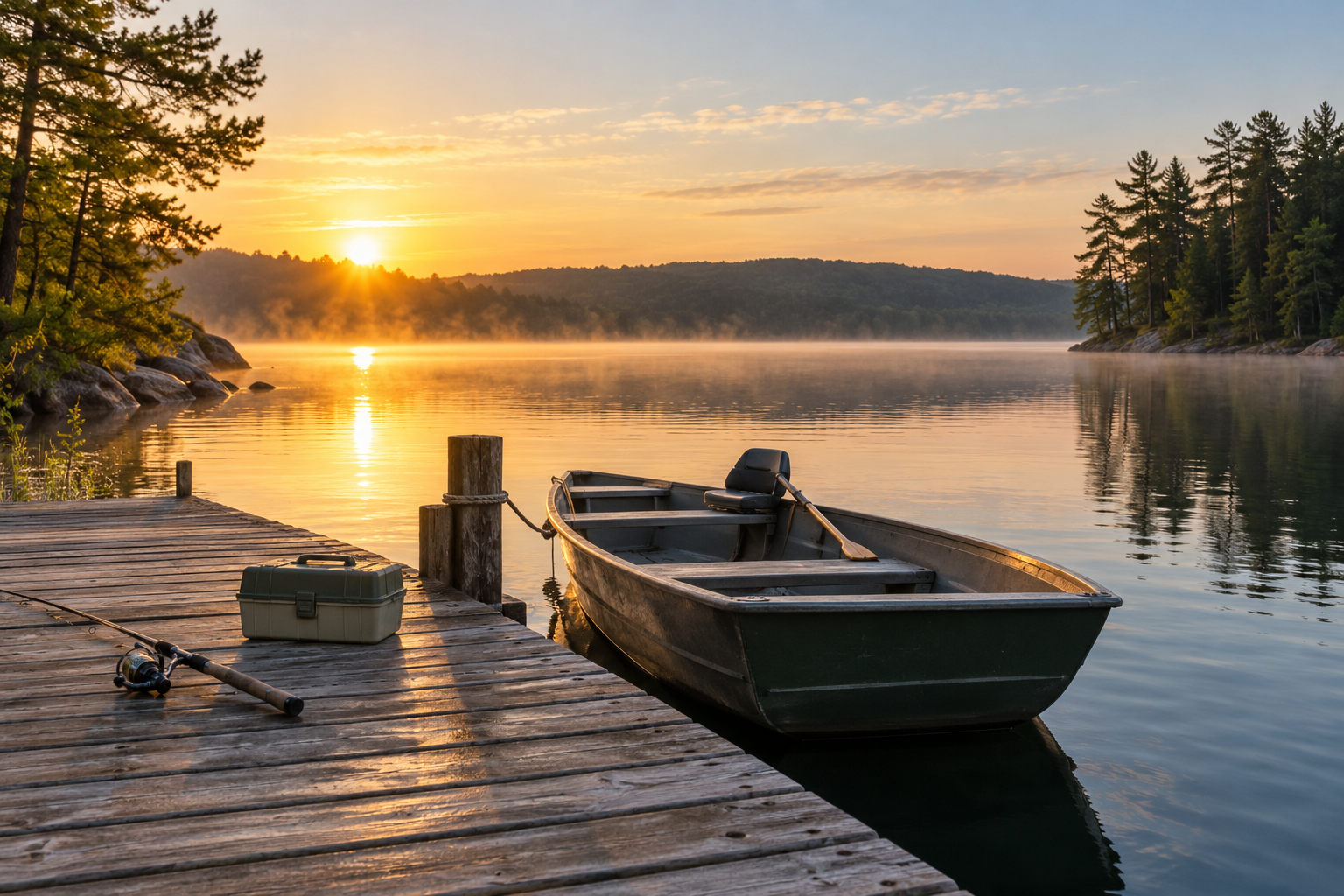 Small fishing boat tied beside a lakeside dock with fishing gear at sunrise
