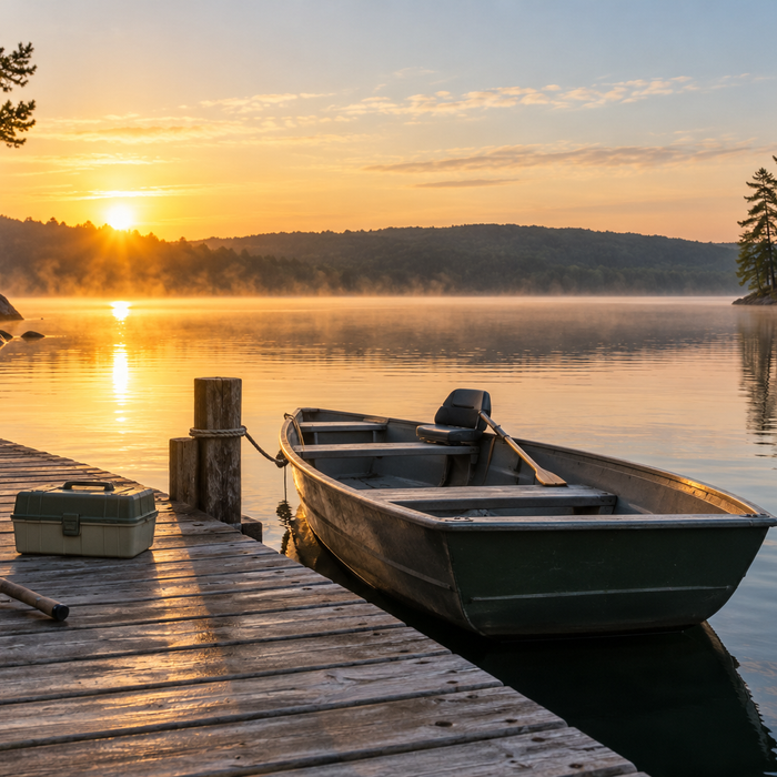 Small fishing boat tied beside a lakeside dock with fishing gear at sunrise