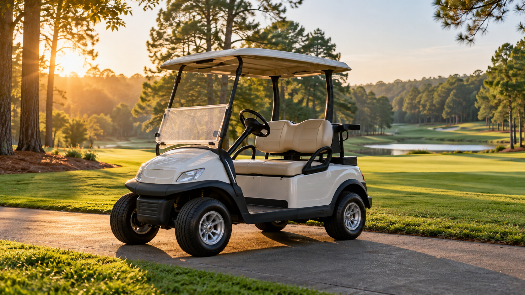 Unbranded golf cart parked beside a sunlit fairway