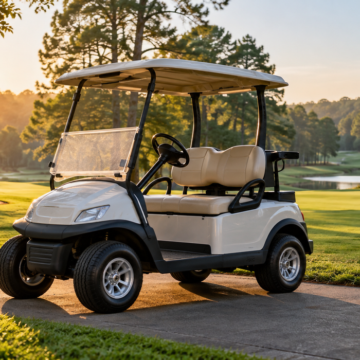 Unbranded golf cart parked beside a sunlit fairway