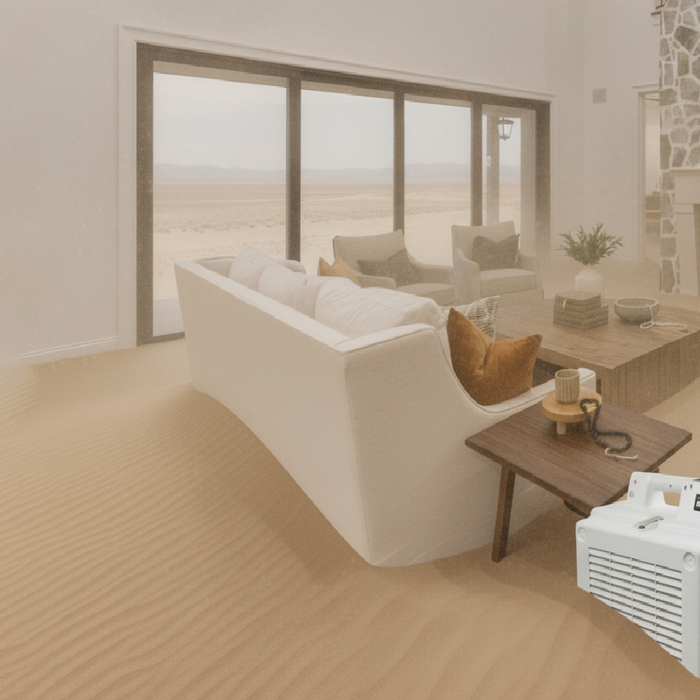 An air scrubber in a living room so dry that it looks like a desert