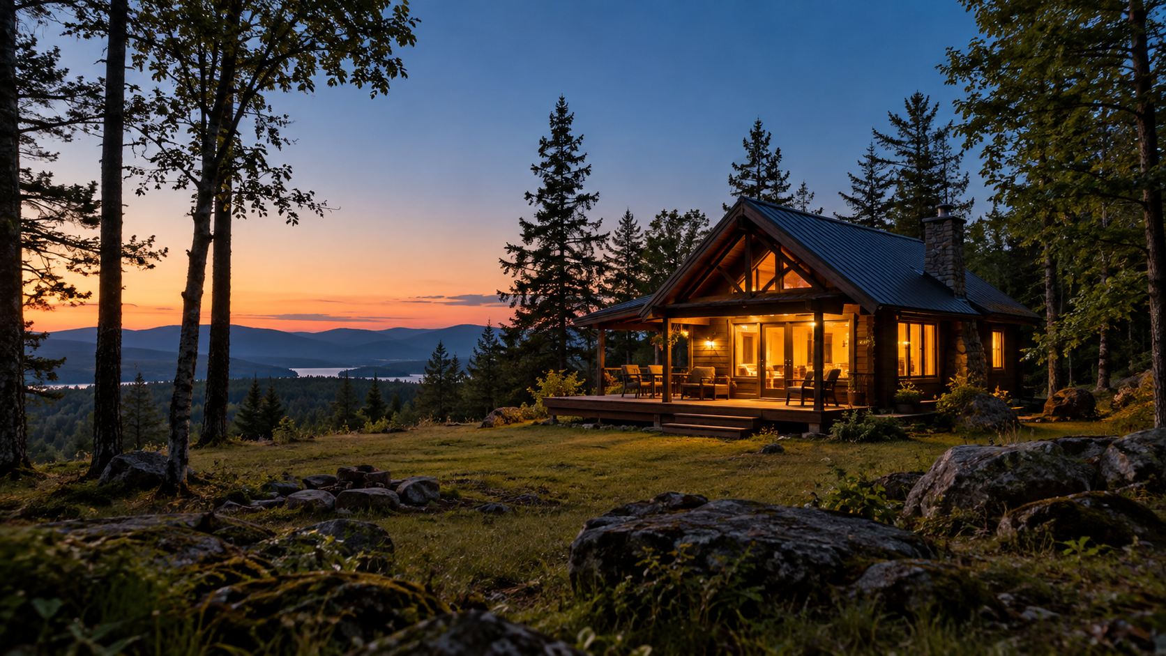 Warmly lit remote cabin at dusk