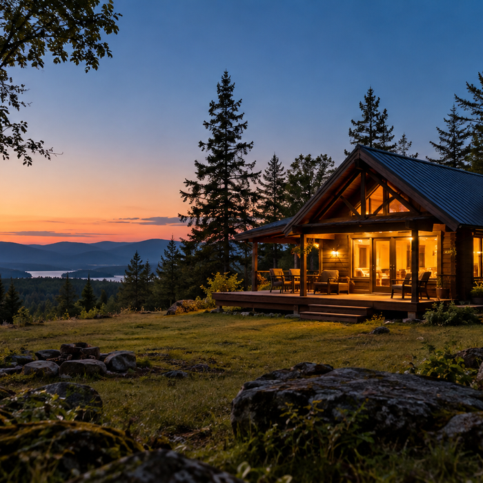 Warmly lit remote cabin at dusk