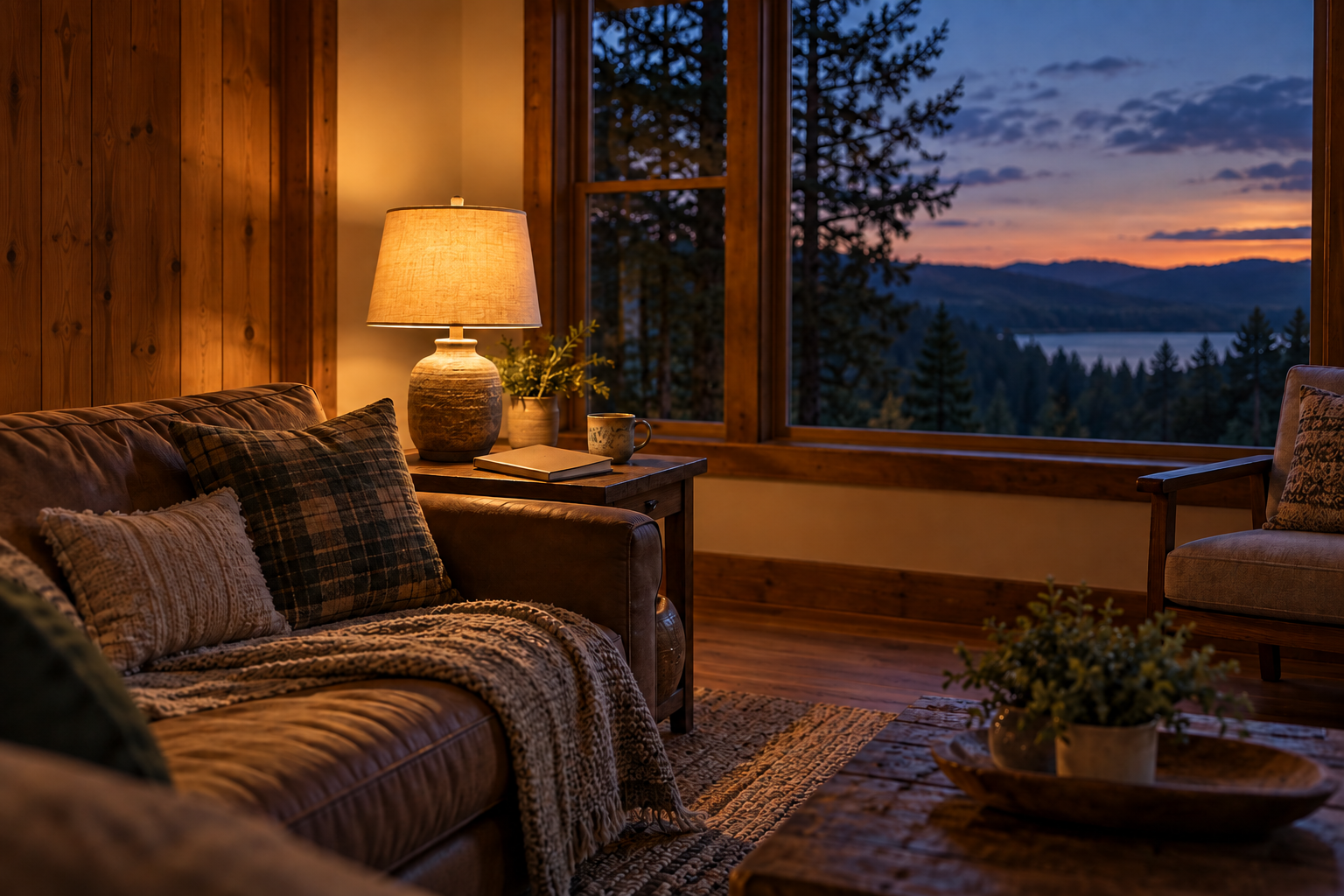 Rural cabin living room at dusk with a glowing table lamp and closed notebook; no power-system equipment shown.