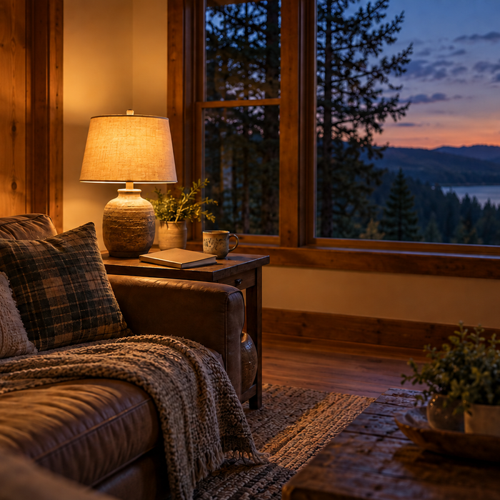 Rural cabin living room at dusk with a glowing table lamp and closed notebook; no power-system equipment shown.