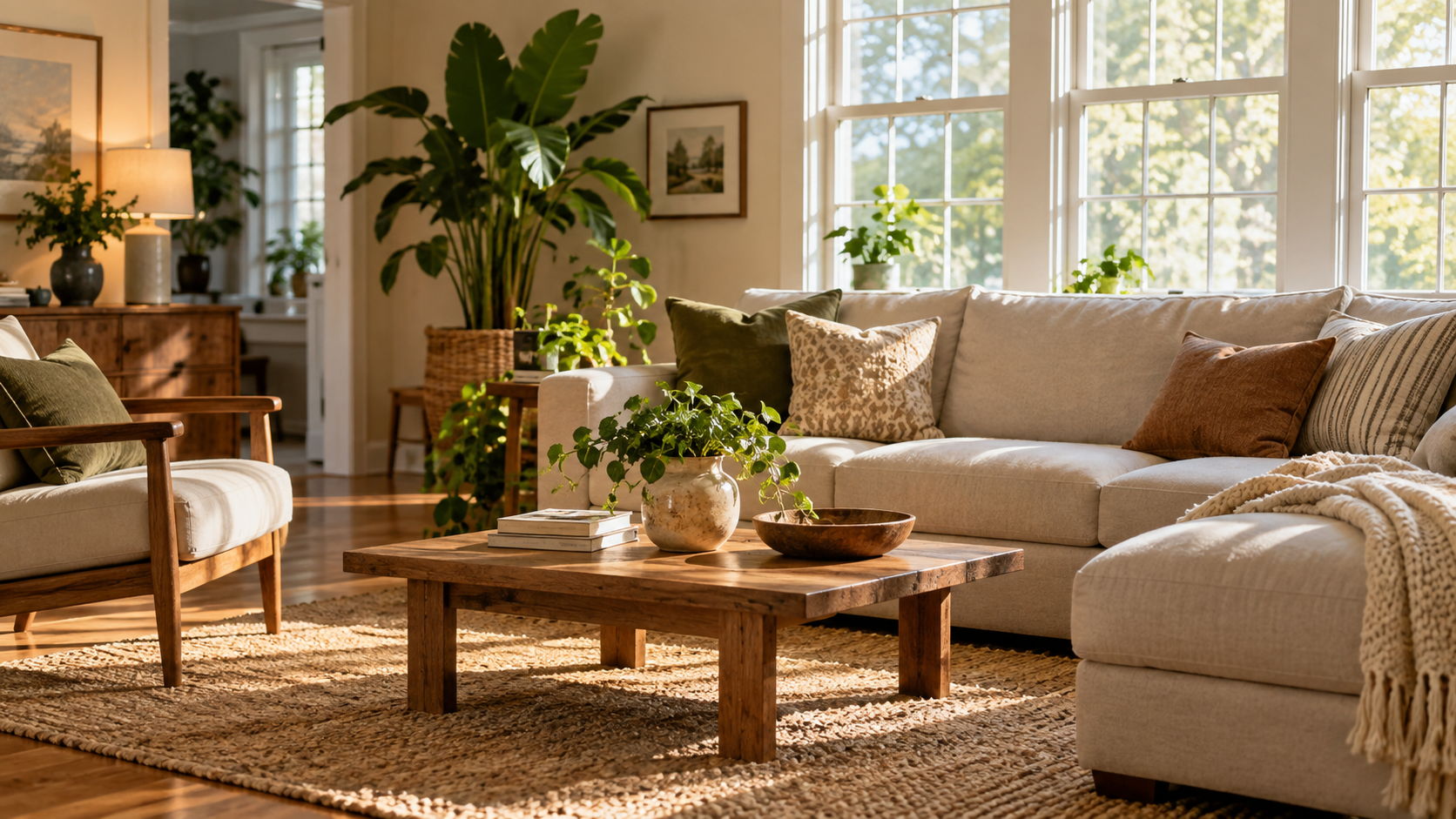 Sunlit living room with closed windows and comfortable furnishings